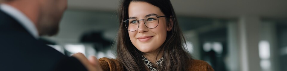 Fototapeta premium Young caucasian female in glasses smiling at caucasian male in office setting