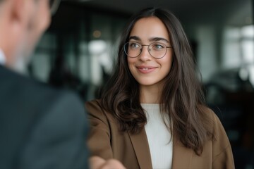 Young hispanic female professional shaking hands in office setting