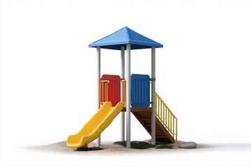 Colorful playground slide on sand with red and blue panels