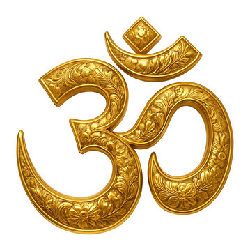 Ornate golden Om symbol with intricate floral patterns on transparent background.