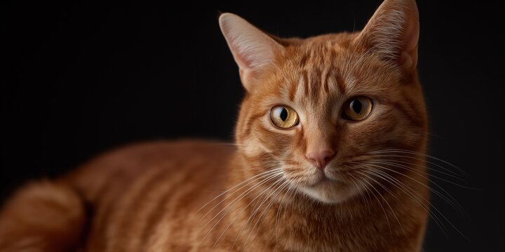 Portrait of an alert orange tabby cat with striking yellow eyes against a dark background - Powered by Adobe