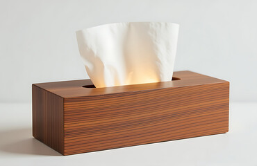 sleek modern wooden tissue box subtle gold texture illuminated soft warm overhead light set clean white