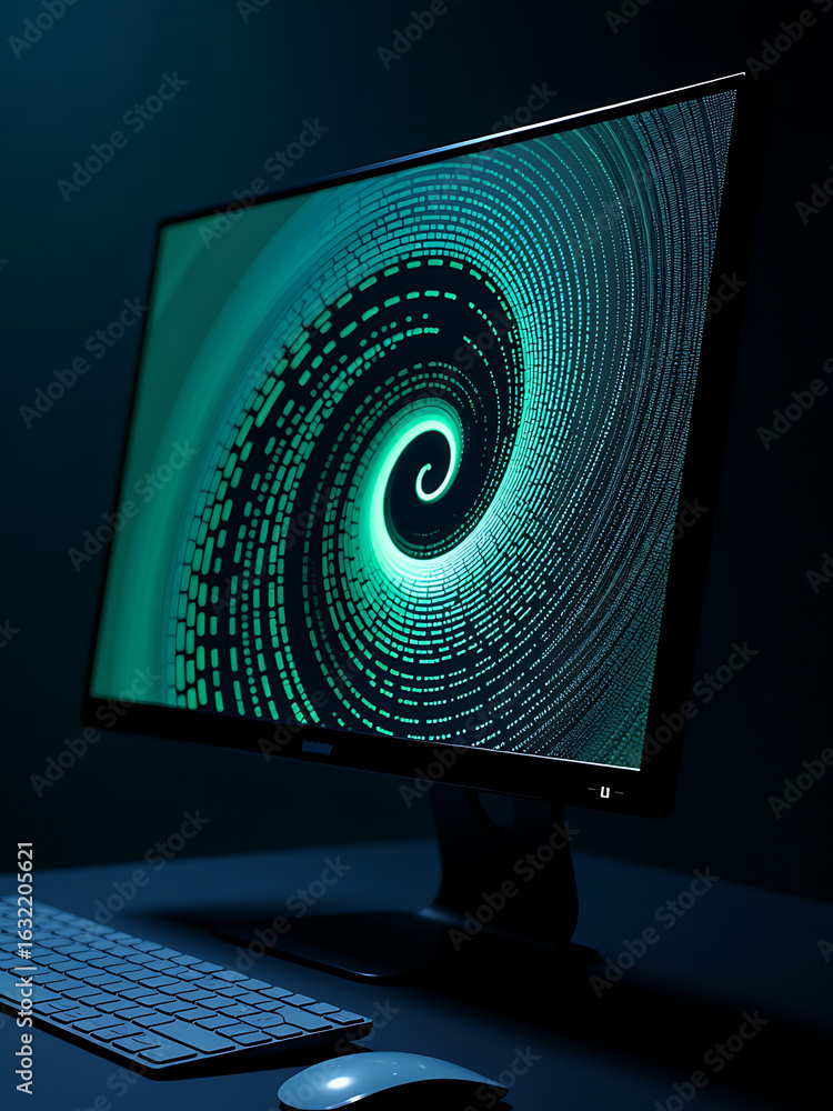 Poster sleek modern computer terminal screen displaying minimalist dot matrix pattern unfolding vibrant spi