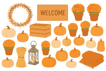 Fall decoration elements including pumpkins, plants, and welcome sign for autumn setting