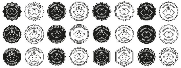 Suitable for children badge and product certification icons, black and white round labels with baby face, safe for toys, food and childcare products