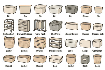 Storage solutions for organizing items in a neat and efficient way using various containers and bins