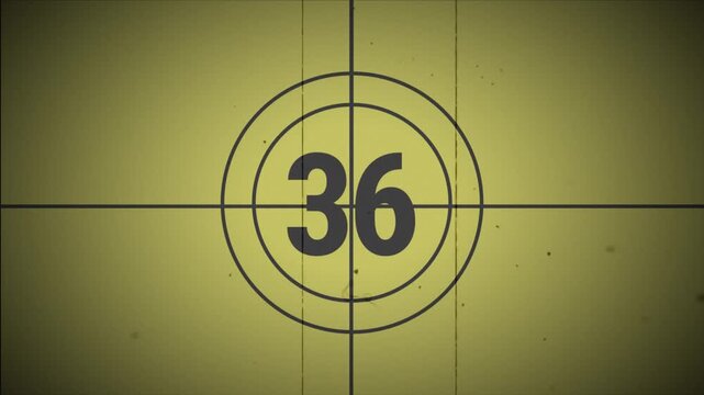 40 seconds old film countdown animation with yellow background. Countdown movie from 40 to 0 number. 4k footage video animation