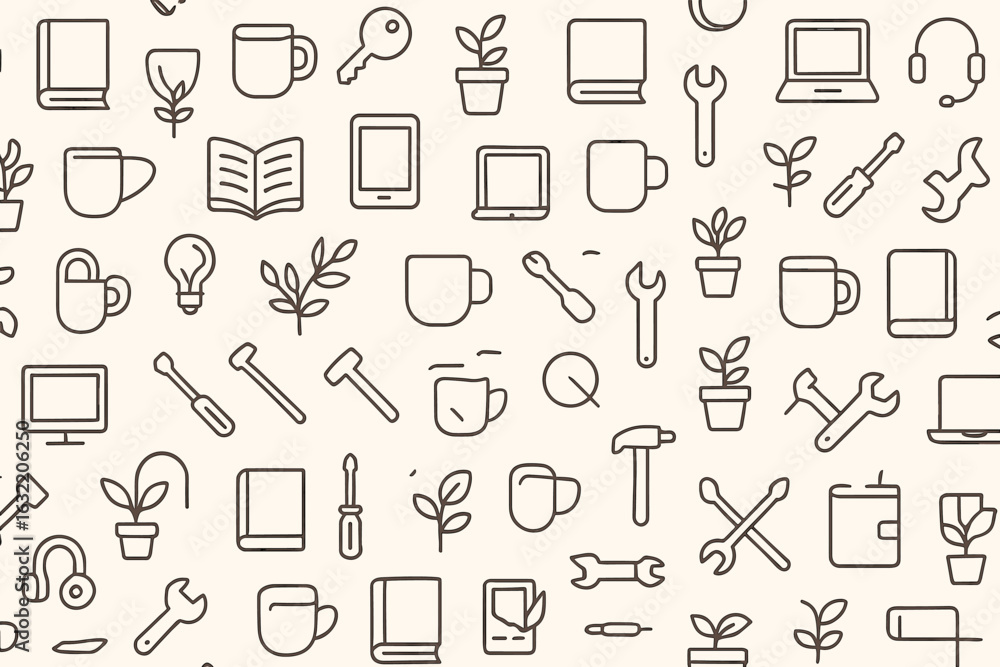Poster background pattern featuring various icons representing tools, books, and plants in a simple design