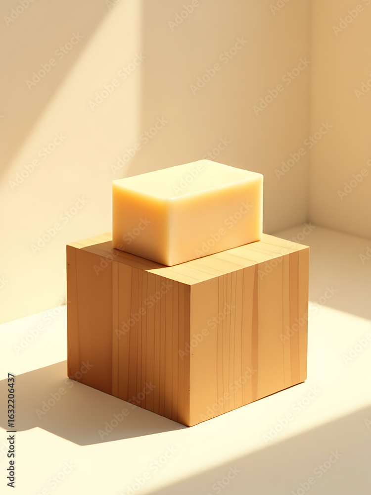 Poster rectangular soap bar resting worn wooden cube illuminated direct bright light casting defined shadow
