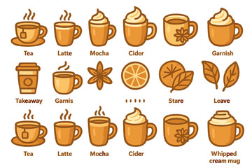 Various types of warm beverages displayed in a cozy cafe setting with unique glass mugs and garnishes in autumn colors