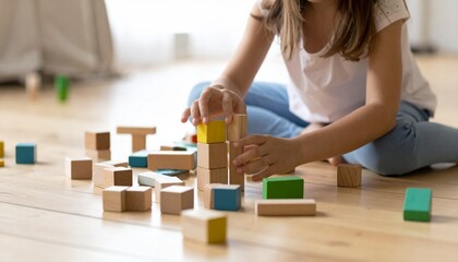 Realistic HD close-up photograph of a child playing with wooden blocks on the floor, focused and joyful expression, colorful wooden pieces scattered around, vivid colors, neutral background, soft natu