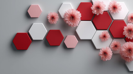 3D render, abstract background with red and white hexagons on a grey wall with pink flowers.