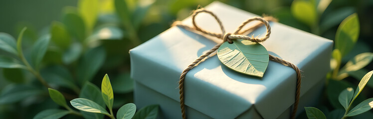 periwinkle gift box wrapped vintage twine adorned delicate green tag nestled amidst lush foliage