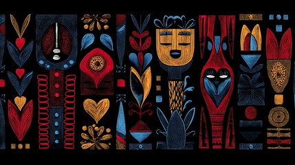 Obraz premium Vibrant African art pattern in rich colors, set against a bold black background, celebrating cultural heritage.