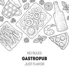 Gastropub menu. Pub food and beer. Hand drawn vector illustration. Food and drink sketch. Top view. Hand drawn food collection for gastropub or pub menu design. Beer, burger, french fries, snacks.