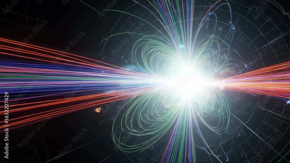 Poster abstract digital light trails radiating from a central bright point with colorful energy streams and