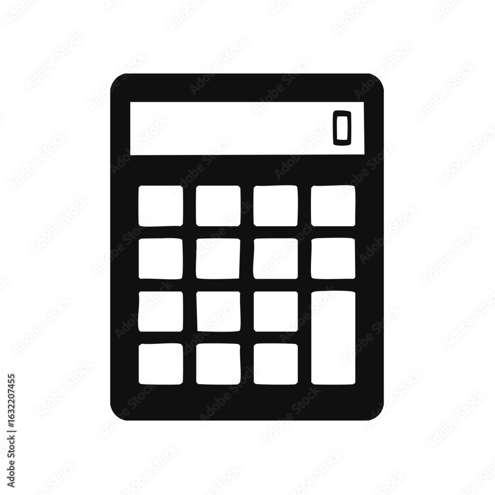 Poster black and white calculator icon with screen showing zero, design element isolated