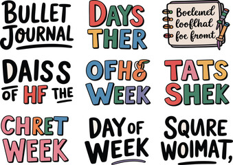 Obraz premium Colorful hand lettering phrases for weekly planning bullet journaling and day of the week
