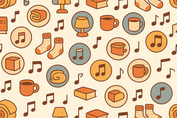 Cozy and warm elements in a whimsical pattern featuring mugs, books, and music notes for a comforting atmosphere
