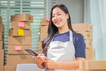 Asian entrepreneur checking shipping list on laptop while packing boxes in warehouse for his small...