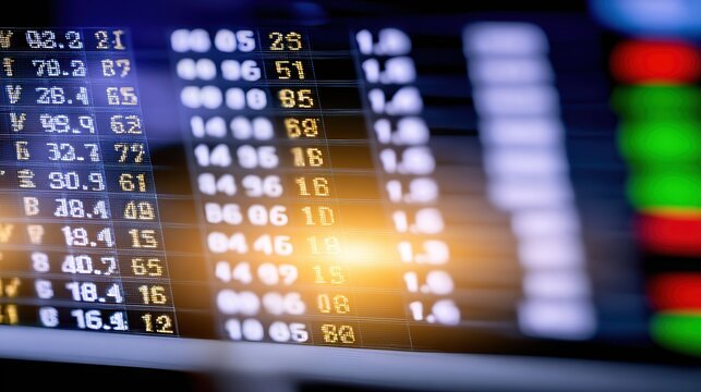 Display screen shows stock market data numbers and financial information with blurry red and green indicators in the