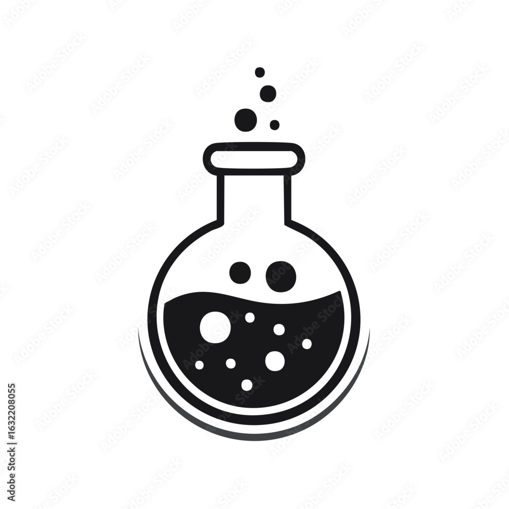Poster chemical reaction flask icon with bubbles experiment science lab symbol