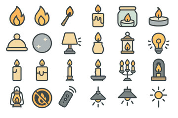 Collection of flame and light symbols featuring candles, lanterns, and lamps in various designs and styles