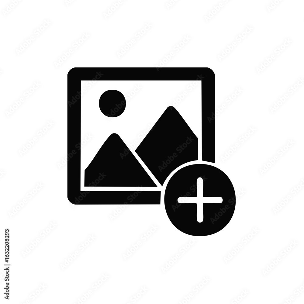 Poster add image graphic icon including scenery mountain landscape and sun with rounded square frame plus s
