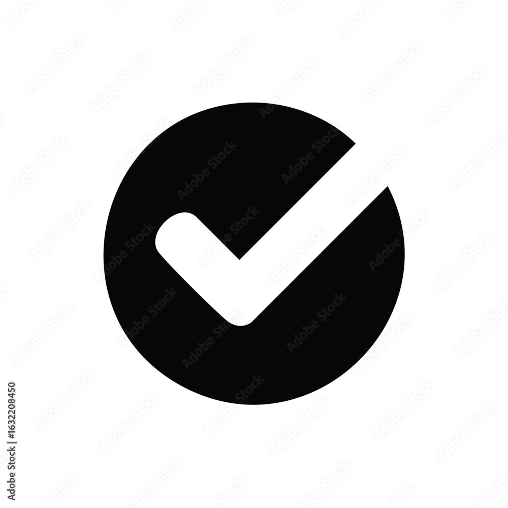 Poster black checkmark icon in a circle signifying approval success and completion