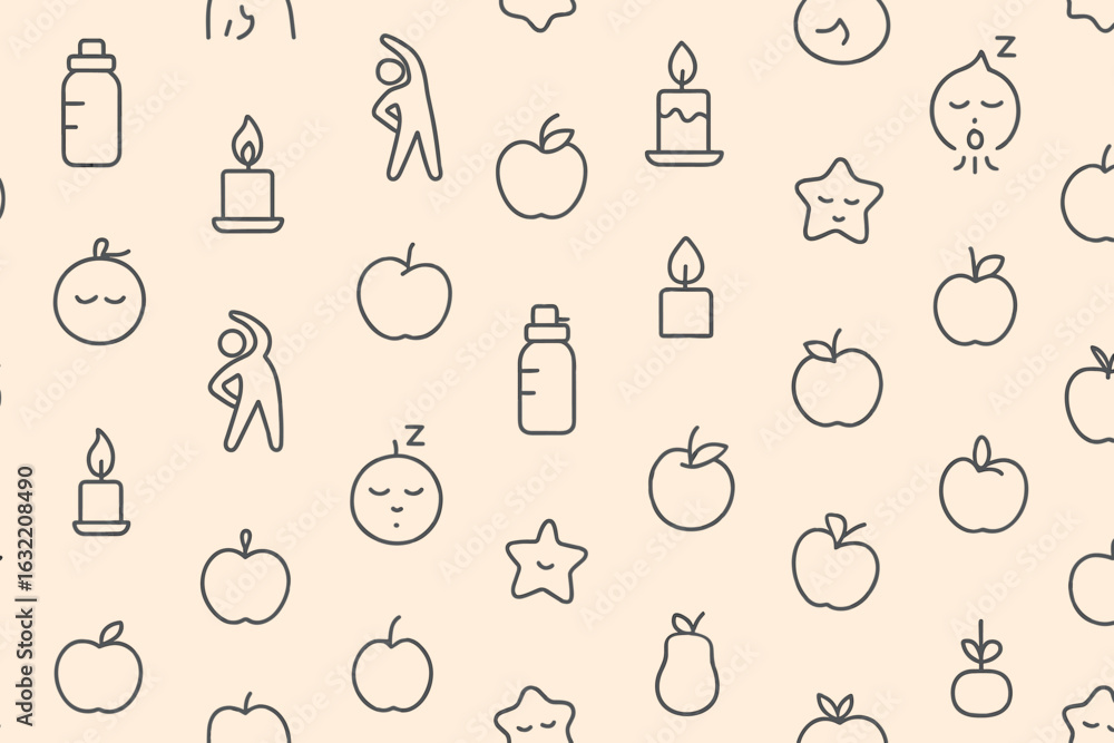 Poster decorative pattern featuring fruit and simple illustrations on a light background