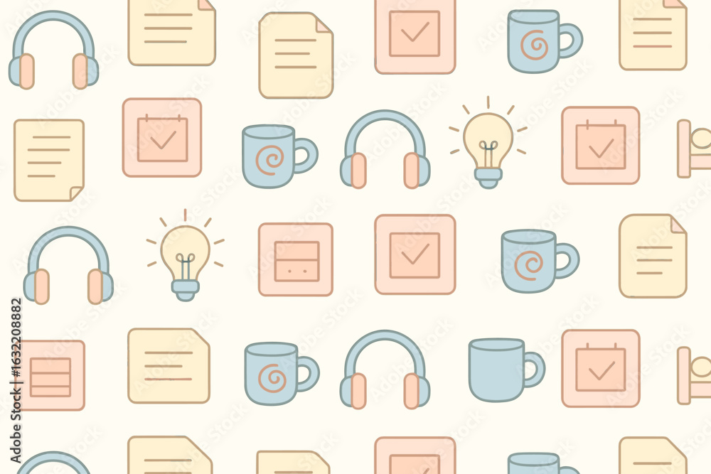 Poster pattern of various icons representing productivity, creativity, and organization in a light backgrou
