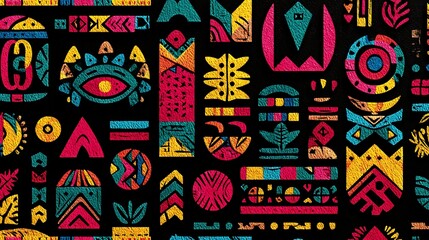 Obraz premium Vibrant African art pattern in rich colors, set against a bold black background, celebrating cultural heritage.