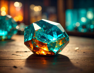 Teal And Amber Faceted Gem On Dark Wooden Surface