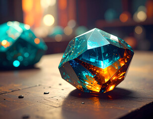Teal and Amber Gemstone on Dark Wooden Surface