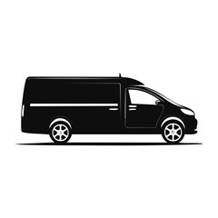 Modern Black Cargo Van Silhouette with Open Sliding Door and Wheels