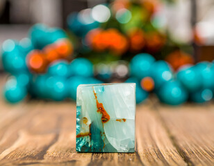 Teal Green Cube Stone on Wooden Surface