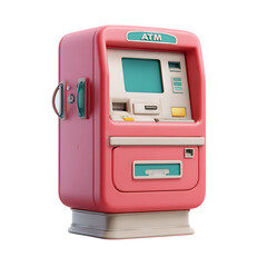 Retro pink atm machine with screen and card slot isolated on transparent background