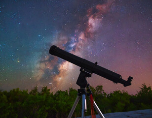 Telescope Aimed at the Milky Way Under a Starry Night Sky