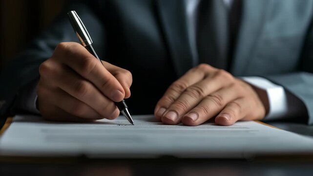 Man is shown in suit, his hand holding pen as he signs document. scene is likely office setting, action implies legal or formal agreement being made.
