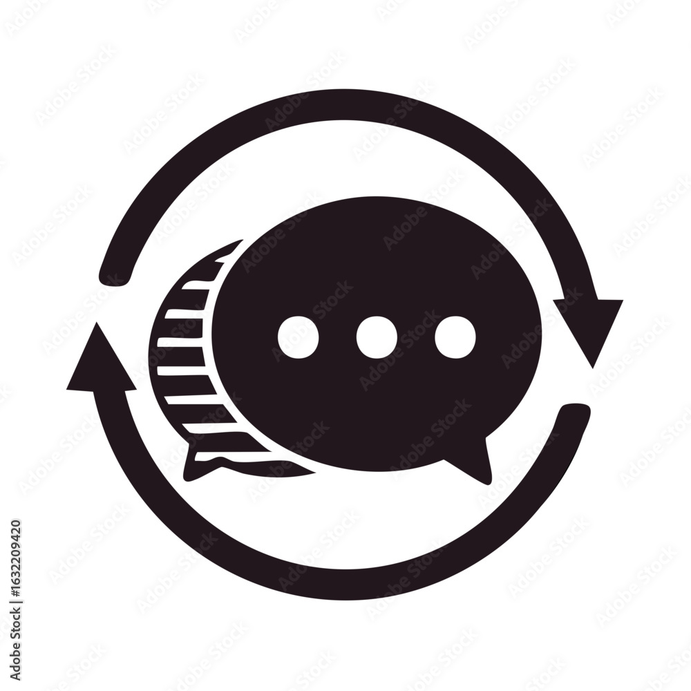 Poster continuous conversation and communication cycle icon with two speech bubbles inside circular arrows