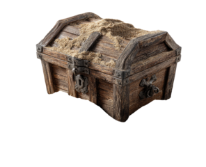 Wooden treasure chest filled with sand.  Aged, detailed design