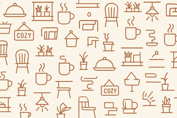 Cozy interior design elements featuring coffee cups, plants, and furniture for a warm atmosphere