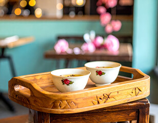Two Cups of Floral Tea on Wooden Tray in Cafe Setting