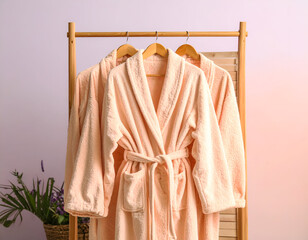 Two Peach-Colored Bathrobes Hanging on Wooden Rack