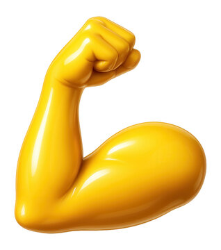 Yellow cartoon-style flexed bicep and clenched fist emoji on transparent background.
