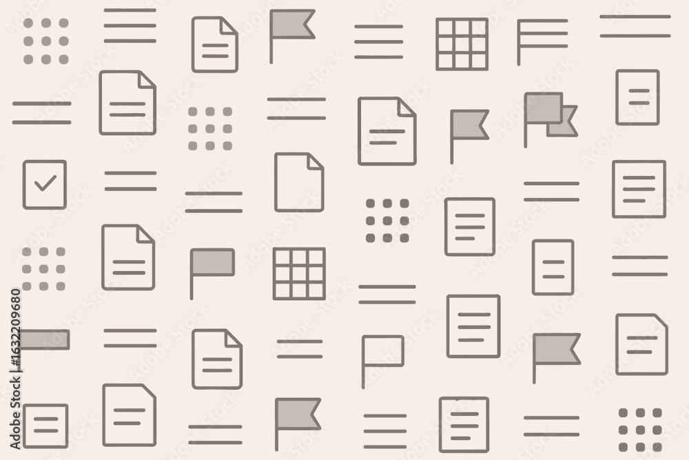 Poster patterns of documents and flags arranged on a light background showcasing various designs and layout