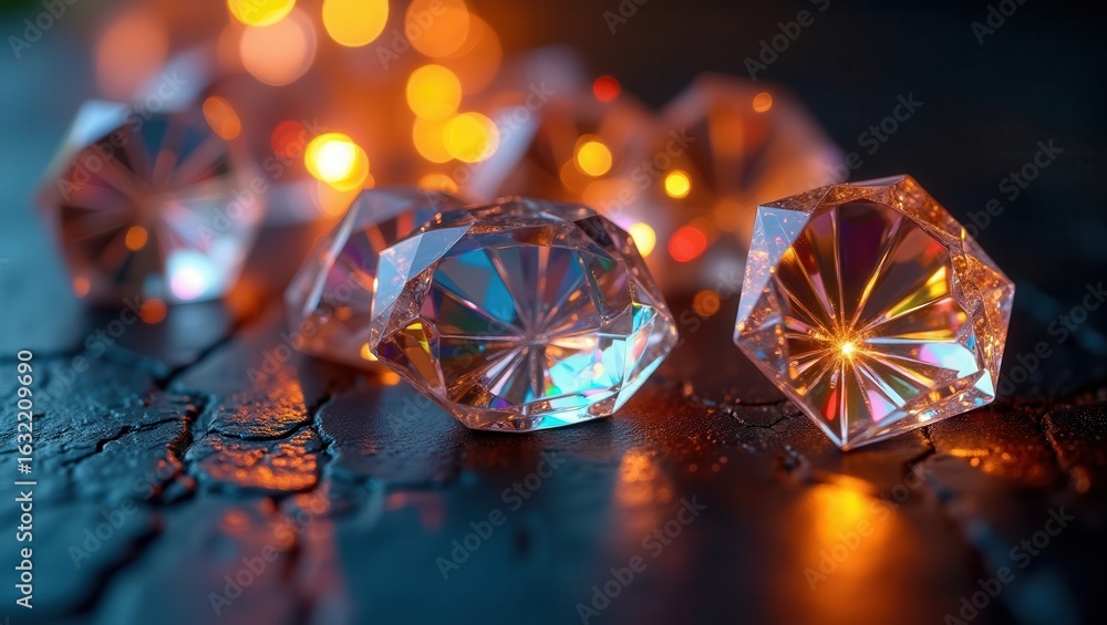 Poster gems scattered on a textured surface illuminated by a warm, bokeh background. sparkling facets.