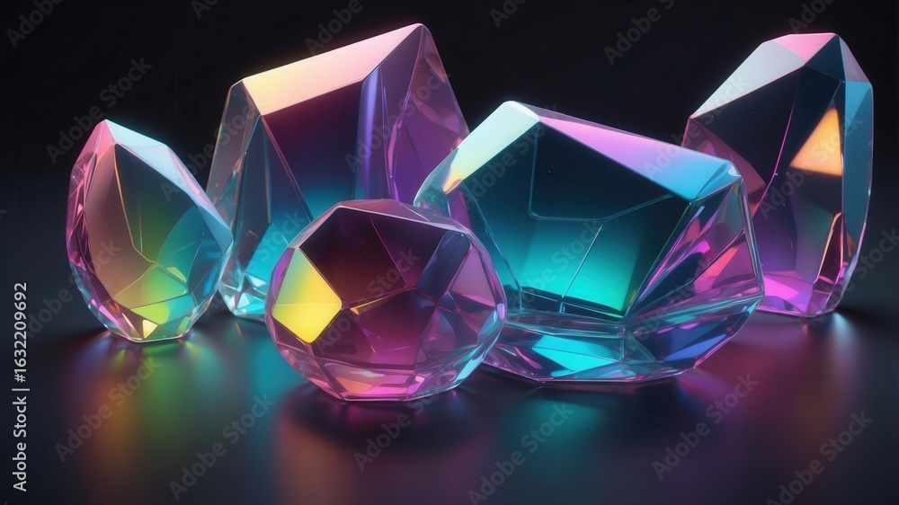 Poster iridescent crystals showcase a prism of vibrant colors on a sleek surface, creating a mesmerizing ef