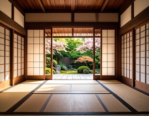 An elegant Japanese room showcasing serene nature and traditional aesthetics with sliding doors and tatami flooring.