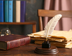 Vintage Quill Pen and Inkwell on Wooden Desk with Old Books